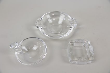 Lot of 3 Lalique & Steuben Glass Crystal Dishes, Ashtrays