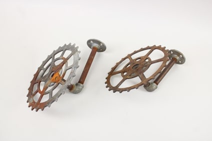 Pair of Industrial Rusty Bicycle Crank Wall Sculptures, Brackets