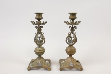 Pair of Brass Ornate Scrollwork Metal Candlesticks