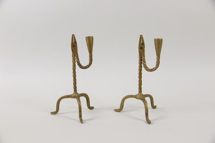 Pair of Primitive Brass Tabletop Nips, Rushlight Candle Holders