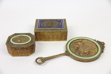 Lot of 3 French Gilt Metal Vanity Pieces, Jewelry Boxes, Mirror