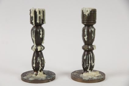 Pair of Brass Trench Art Candlesticks "Mine and Yours"