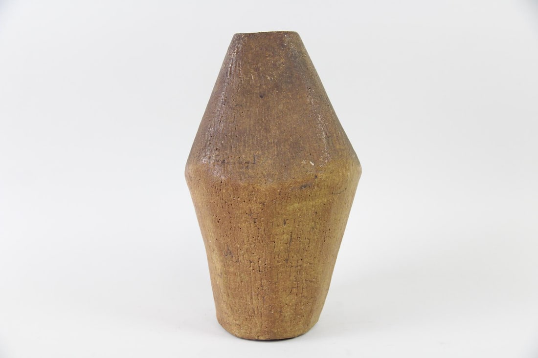 Brutalist Stoneware Vase, Sculptural Vessel with Ochre Glaze (1 of 7)