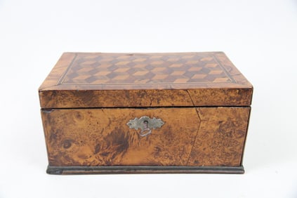 Antique Wooden Burl Jewelry Box with Marquetry Lid