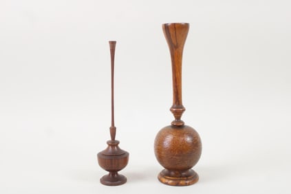 Two Turned Wood Bud Vases, One Signed