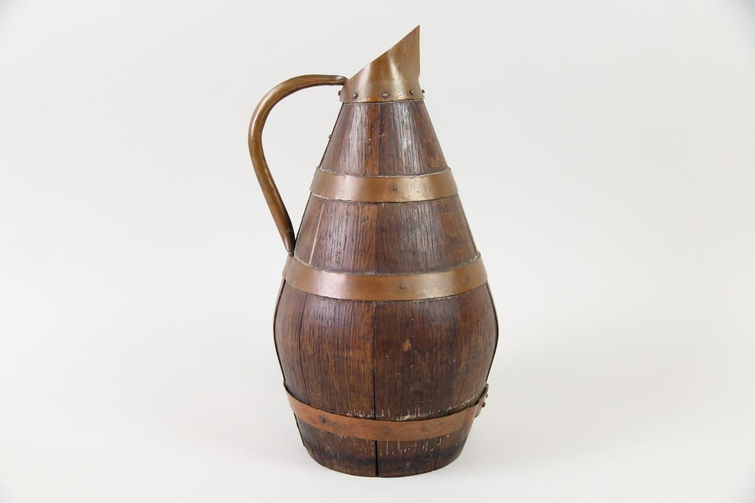 French Barrel Wood & Copper Cider Pitcher, Wine Jug: French Arts & Crafts Barrel Cider Pitcher, Wine Jug. A vessel with wooden panels, likely made of oak, and copper banding with tiny rivets. It has a curved copper handle and angular spout. Dimensions a