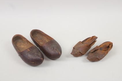 Two Pairs of Miniature Carved Wood Children's Dutch Clogs