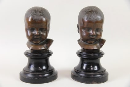 Pair of Italian Bronze Busts of Babies, Creepy Awake & Asleep