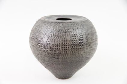 Studio Pottery Textured Black Ceramic Stoneware Vase