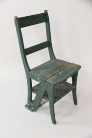 Antique Primitive Painted Green Step Ladder & Chair