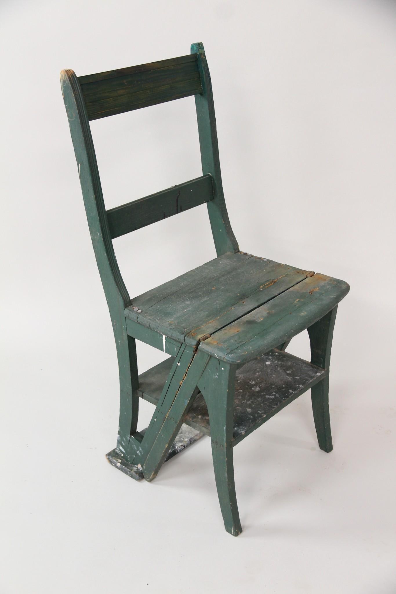 Antique Primitive Painted Green Step Ladder & Chair (1 of 13)