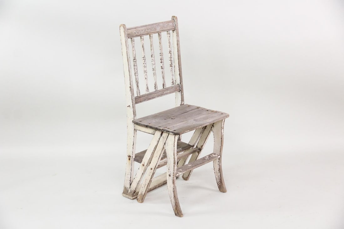 Antique Primitive Painted White Step Ladder & Chair (1 of 11)