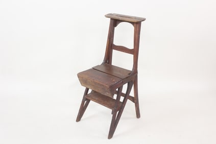Antique Mechanical Oak & Iron Metamorphic Library Chair Ladder