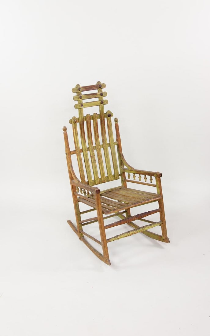 Green Painted Wood Folk Art Slatted Porch Rocker (1 of 10)