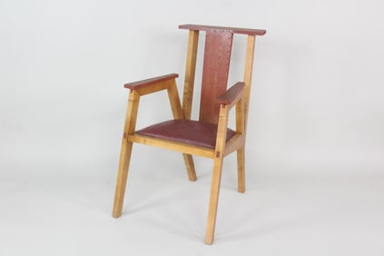 Wood & Red Leather Chair with Diamond Plate Decoration