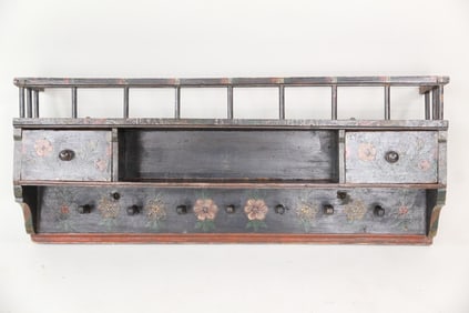 Folk Art Painted Wood Wall Shelf, 1898