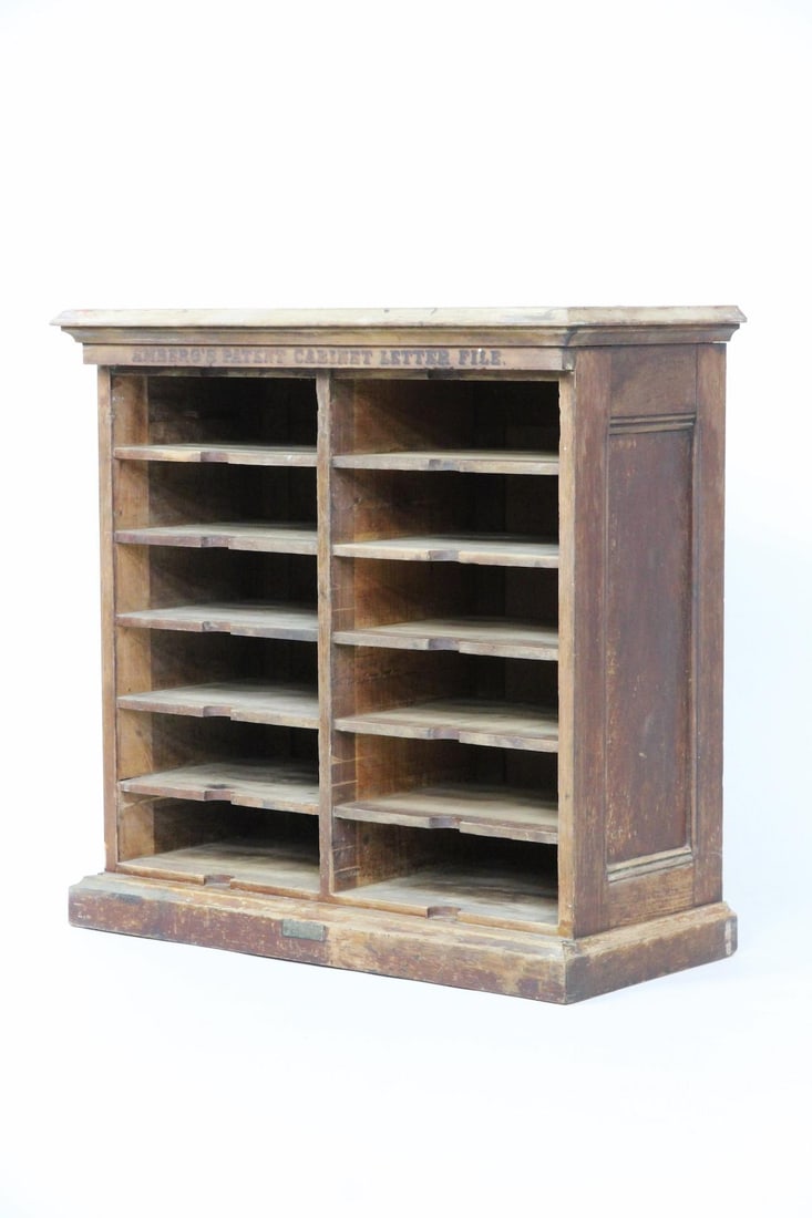 Antique Industrial Wooden Amberg's Patent Cabinet Letter File: Antique Industrial Wooden Amberg's Patent Cabinet Letter File. A solid cabinet, likely made of oak or walnut, with twelve filing shelves arranged in two columns. Made by the Amberg File & Index Compan
