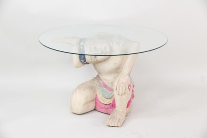 Figural Polychrome Carved Wood & Glass Side Table