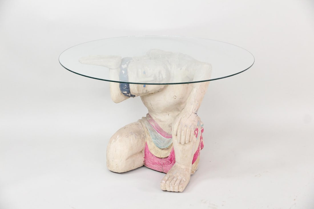 Figural Polychrome Carved Wood & Glass Side Table (1 of 12)