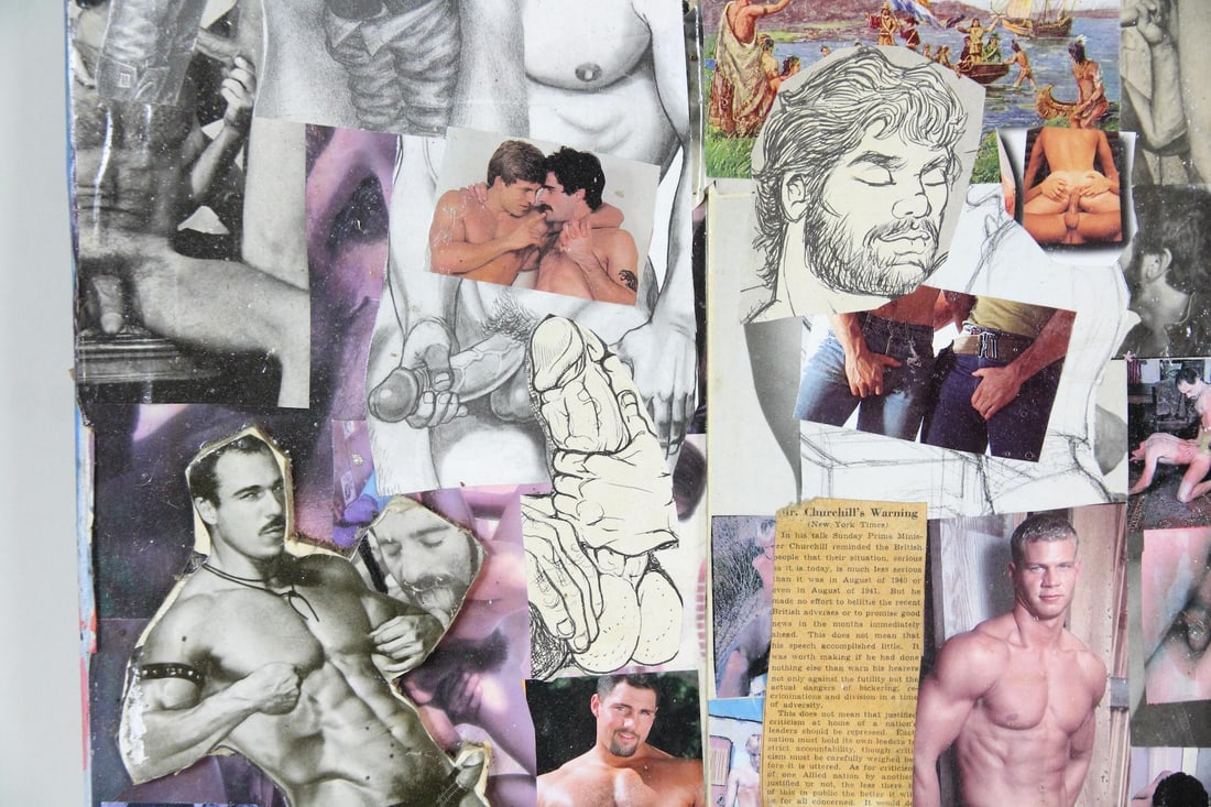 Judson Baldwin Large 2-Sided Nude Male Erotic Collage, 1 of 4: Large Judson Baldwin 2-Sided Nude Gay Male Erotic Mixed Media Collage, 1 of 4. This two-sided collage mounted on board features gay male photos, printed materials, & beads on one side, with the opposi