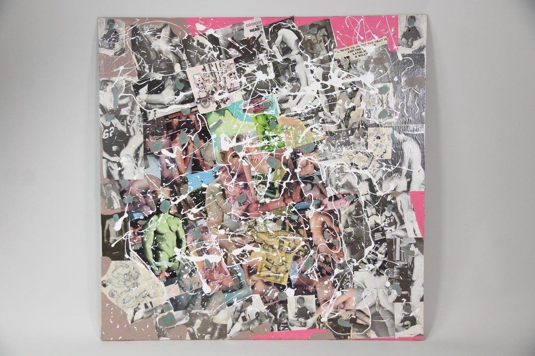 Judson Baldwin Large 2-Sided Nude Male Erotic Collage with Paint Splatter, 2 of 4.: Large Judson Baldwin 2-Sided Nude Male Erotic Collage with Paint Splatter, 2 of 4. Mixed media collage mounted on board featuring gay male photos, and white paint splatter; the opposite side has brigh