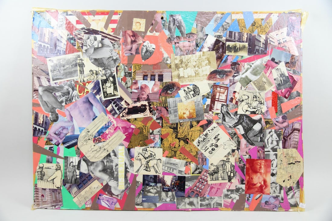 Judson Baldwin 2-Sided Nude Male Erotic Collage, 3 of 4: Judson Baldwin 2-Sided Nude Male Erotic Collage 3 of 4. Mixed media collage mounted on board featuring gay male photos on both sides. Unsigned, this is by Judson Baldwin. Dimensions are 28 in h x 38 i