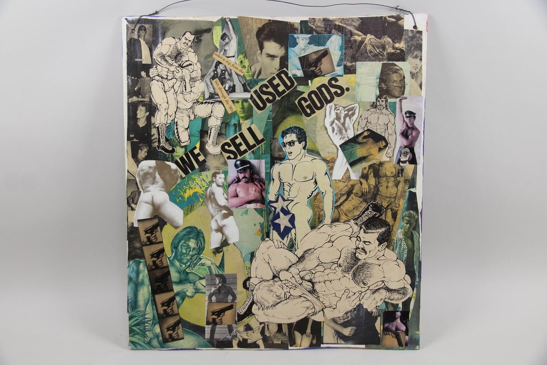 Judson Baldwin 2-Sided Nude Male Erotic Collage, 4 of 4: Judson Baldwin 2-Sided Nude Male Erotic Collage 4 of 4. Mixed media collage mounted on wood board featuring gay male photos on one side, as well as the words "We Sell Used Gods," with an abstract "saf