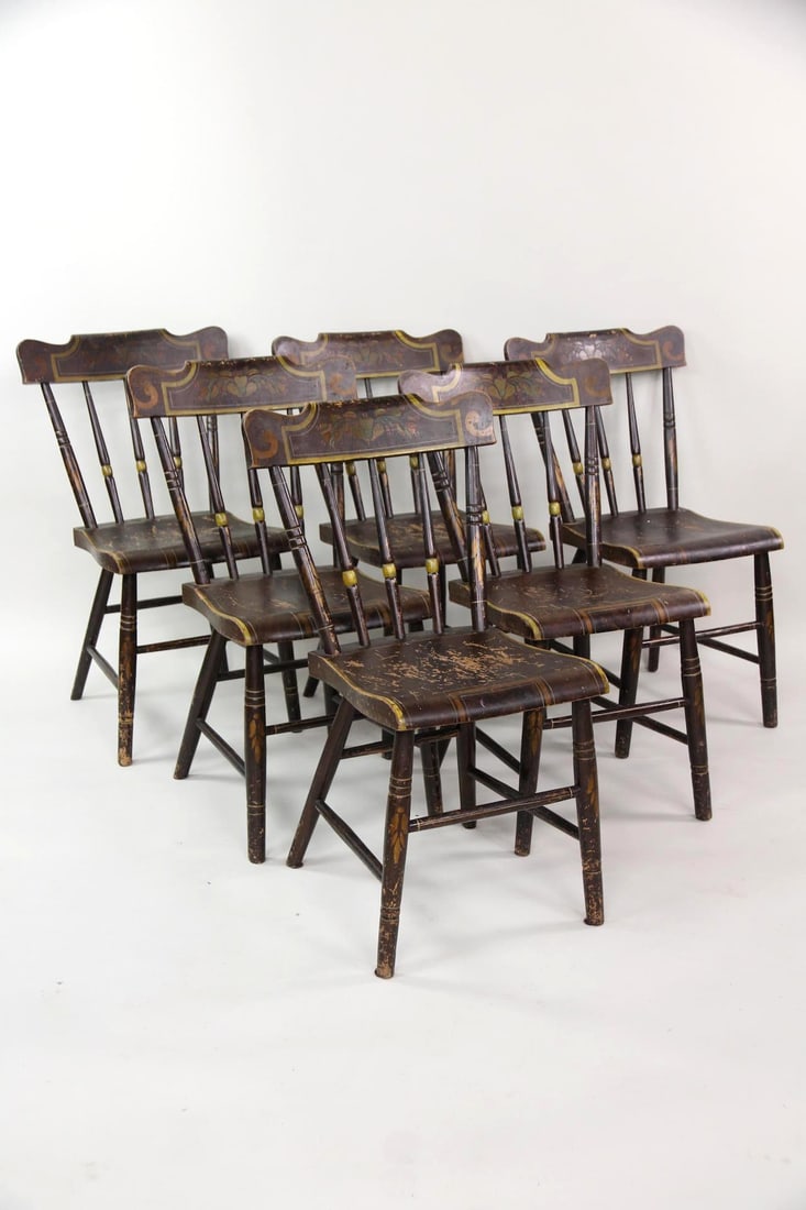 Set of 6 Primitive Wooden Hitchcock Chairs, Brown & Gold Paint (1 of 16)