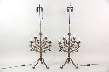 Pair of Foliate Gilt Wrought Iron Candelabra Floor Lamps