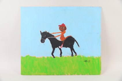 Earl Swanigan Outsider Art Painting, Dog Riding a Black Horse