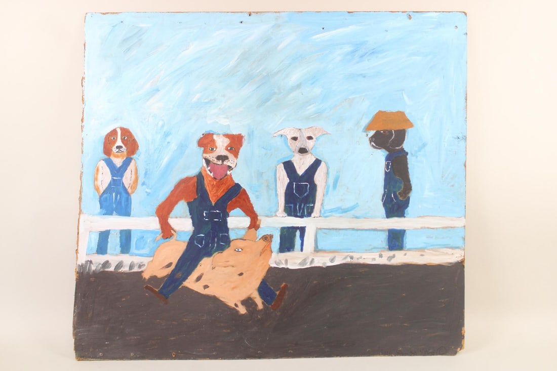 Earl Swanigan Outsider Art Painting, Dog & Pig Rodeo (1 of 11)
