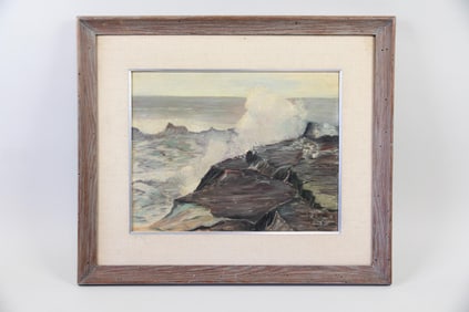 Seascape Painting of Waves Hitting a Rocky Shore, Signed 1953