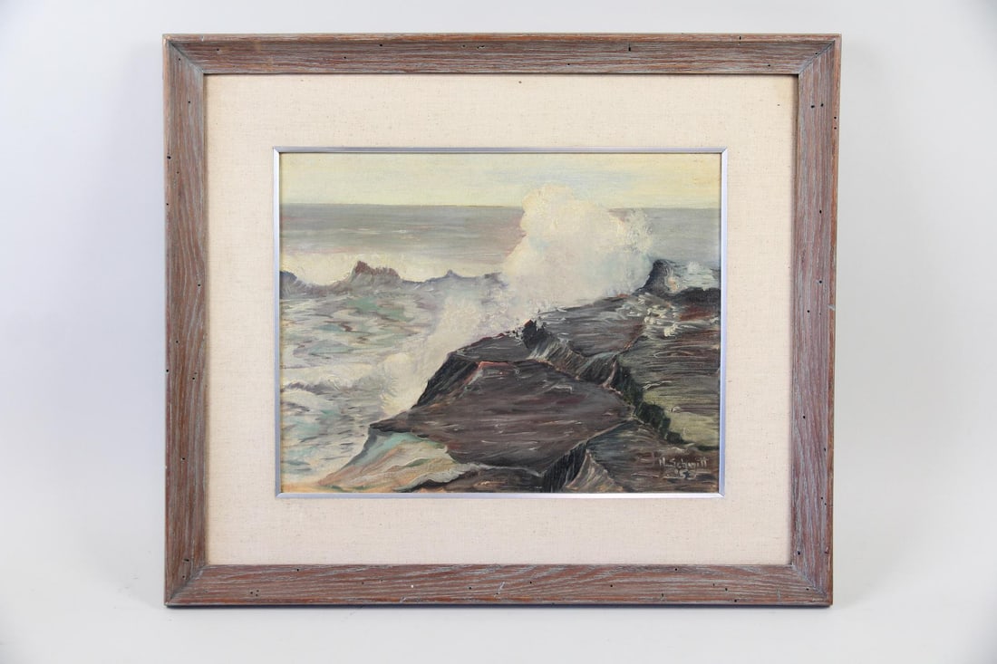 Seascape Painting of Waves Hitting a Rocky Shore, Signed 1953 (1 of 11)