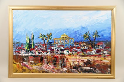 Morris Katz Expressionist Oil Painting, City Scene with Palm Trees