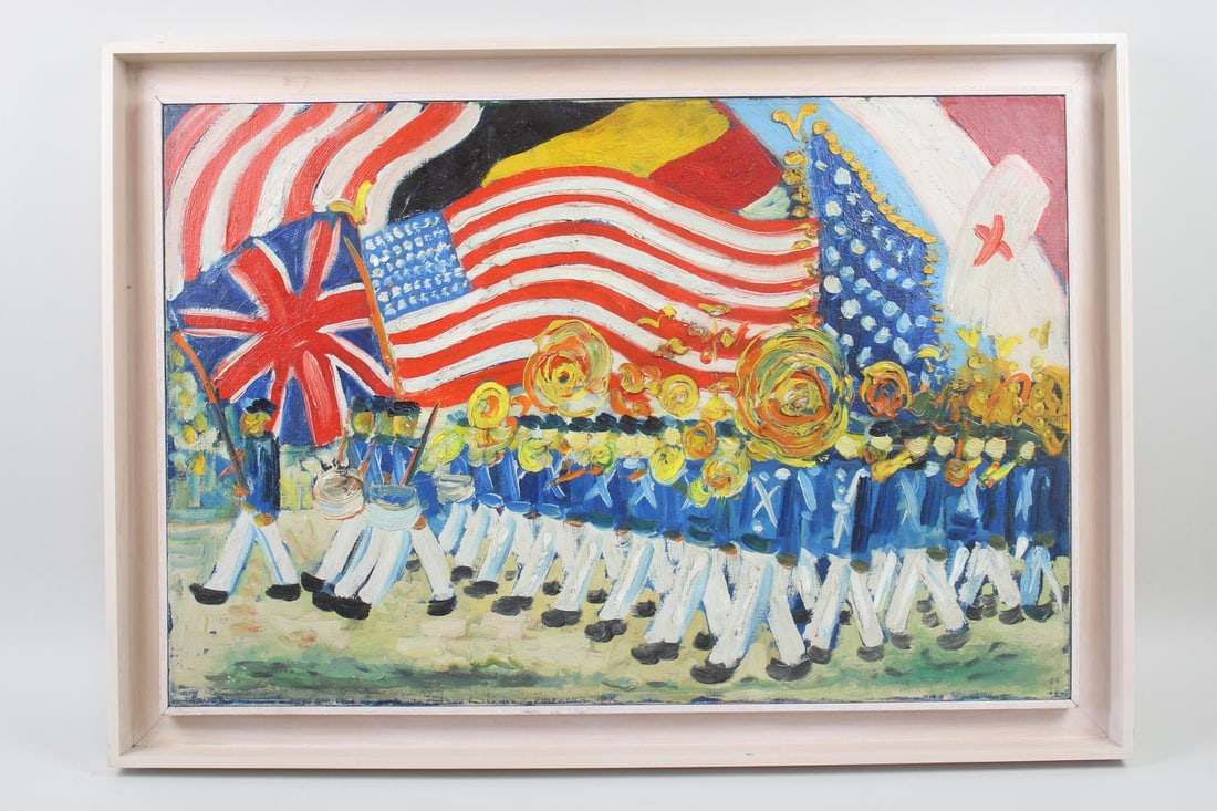 Painting of a Flag Parade by a Self-Taught Artist, Ricco/Maresca Gallery: Expressionist Painting of a Flag Parade by a Self-Taught Artist. Vibrant and bold painting on canvas of a parade with people in uniform carrying flags, most prominently the US Stars and Stripes, but a