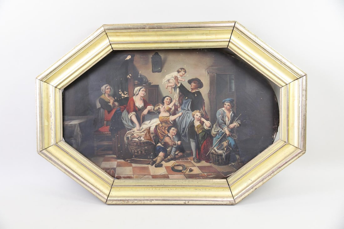 Genre Painting After Jean-Baptiste Greuze "The Homecoming": Domestic Genre Painting After Jean-Baptiste Greuze "The Homecoming." Painting on oval stretched canvas depicting a man returning to his family,after Jean-Baptiste Greuze (French, 1725-1805). Marked on