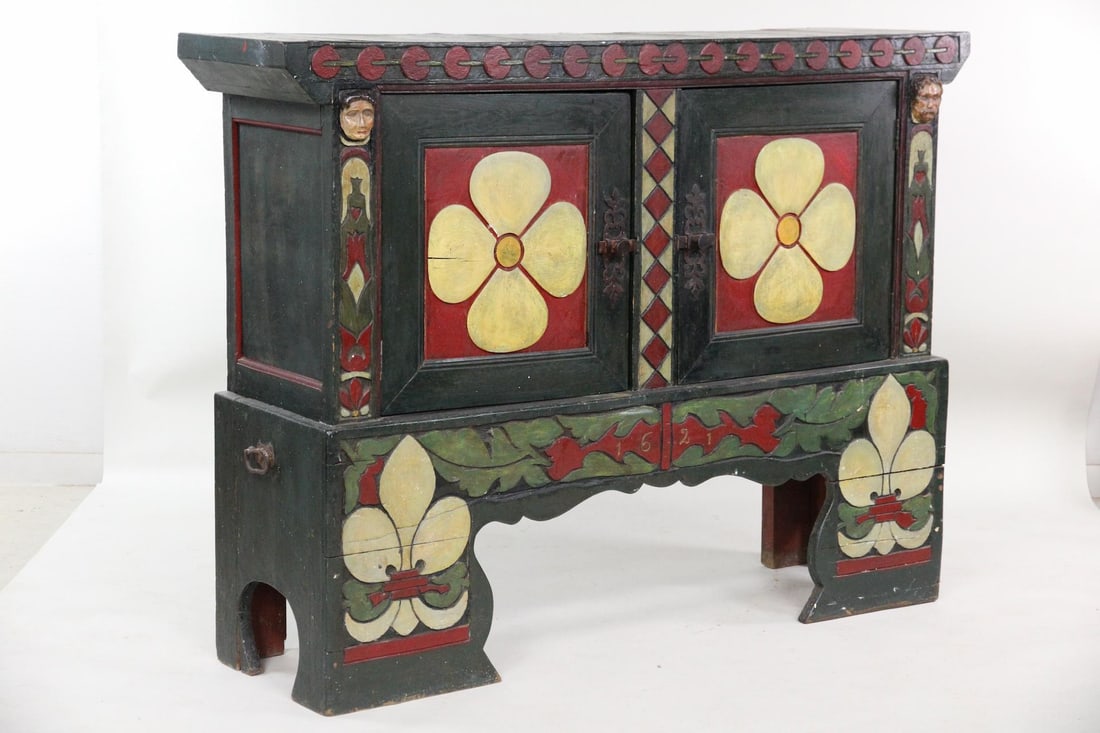 Folk Art Carved & Painted Marriage Cupboard (1 of 19)
