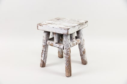 Primitive White Painted Adirondack Stool with Bark