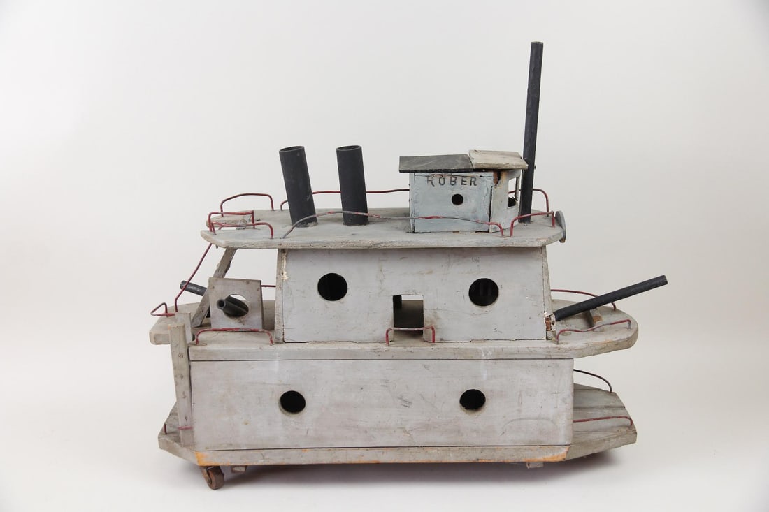 Painted Wood Model Toy American Folk Art Battleship, Robert: Painted Wood Model Toy American Folk Art Battleship. Hand crafted Ship/Boat made of wood and metal and painted gray. Great details including ladders, gun turrets, casters, railings, smokestacks and th