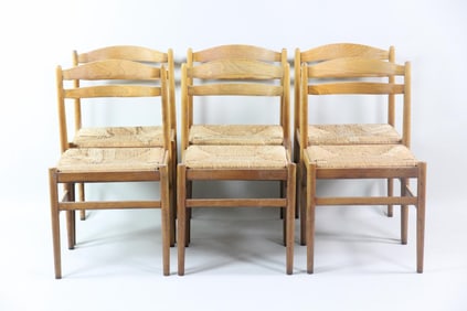 Set of 6 Wood & Rush Woven Dining Chairs