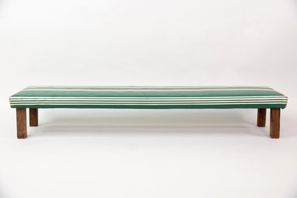 Primitive Wooden Farmhouse Bench, Green Striped Oilcloth