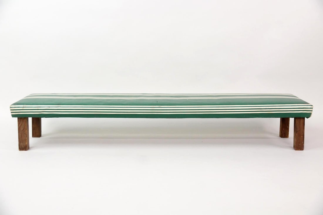 Primitive Wooden Farmhouse Bench, Green Striped Oilcloth (1 of 8)