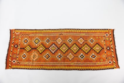 Turkish Kilim Wool Runner, Geometric Diamond Pattern