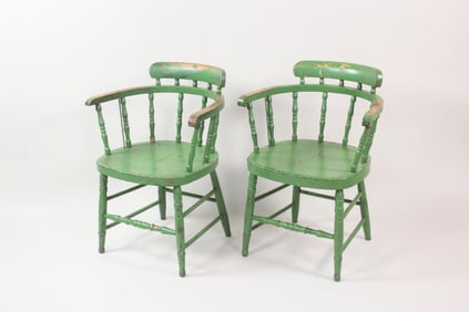 Pair of Green Painted Spindle Back Windsor Chairs