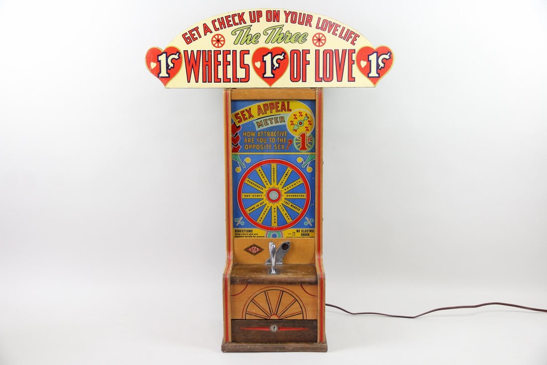 Sex Appeal Meter Penny Arcade Game 1941: One Cent Counter Top Sex Appeal Meter Arcade Game. Exhibit Supply Co. electric counter-top novelty machine with a wood case and reverse painted glass panel front. Insert a penny to operate a spinning