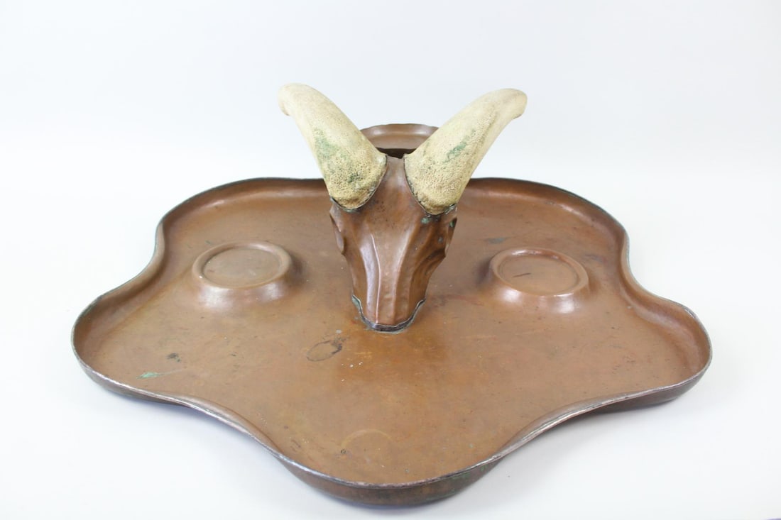 Hammered Copper Sculptural Tray, Ram's Head & Horns (1 of 9)