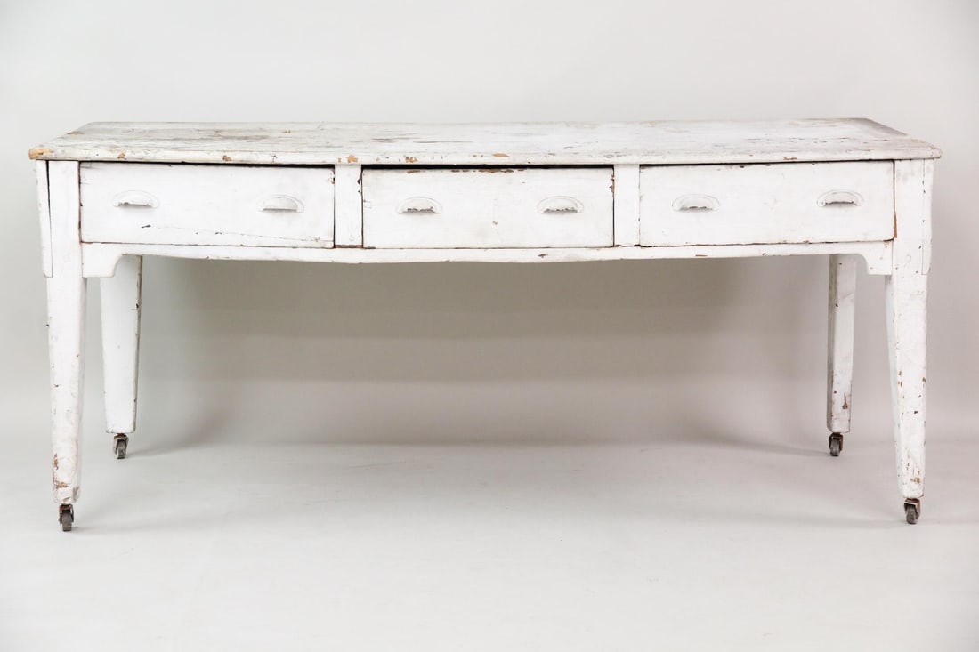 Primitive White Painted Farm Table with 3 Drawers (1 of 15)