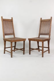 Pair of Woven Lattice Oak & Copper Nail Chairs
