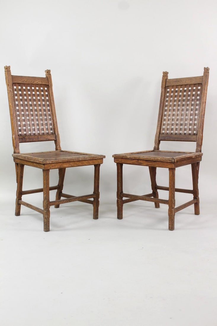 Pair of Woven Lattice Oak & Copper Nail Chairs: Pair of Arts & Crafts Slatted Oak & Copper Nail Dining Chairs. Chairs constructed with wooden slats and copper nails, featuring carved details and Berlage-style legs. Dimensions are 39.5 in h x 18 in
