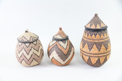 Group of 3 Traditional Zulu Lidded Baskets, 1 of 2